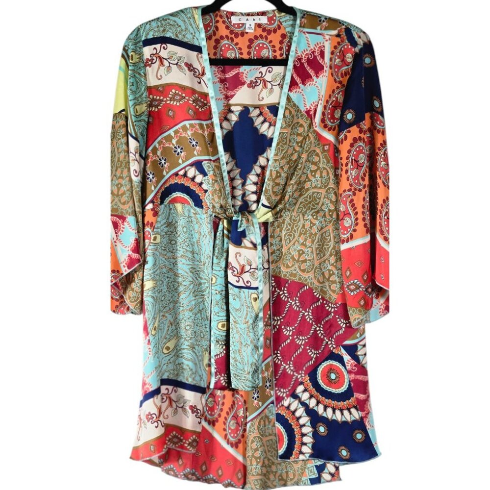 CAbi Size Small Shrug Boho Front Tie Paisley Blue Cream Gold